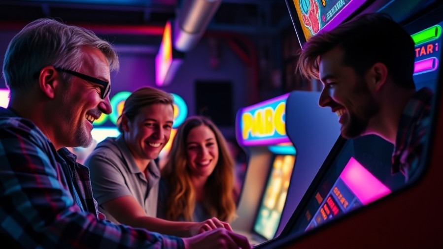 Cheerful adults enjoying an adult arcade concept, laughing at classic games.
