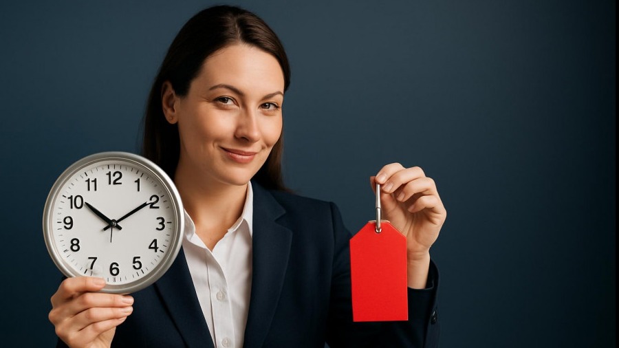 Confident businesswoman with a clock and sale tag, showcasing timing for sales.
