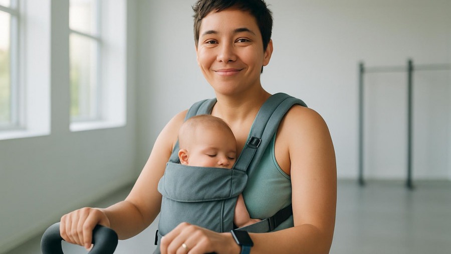 Empowered new parent in gym, embracing postpartum recovery and fitness journey.