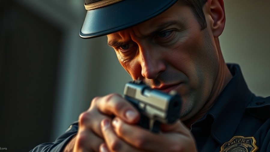 Concerned law enforcement officer examining a pistol, highlighting firearm safety.