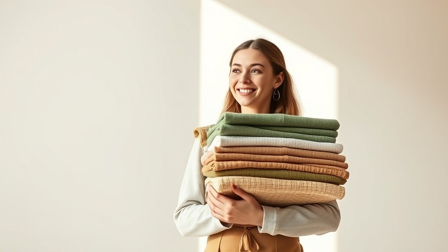 Confident woman holds eco-friendly fashion garments, embodying sustainable materials.