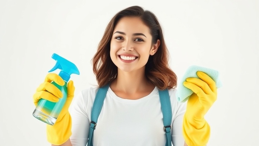 Smiling woman ready for efficient bathroom cleaning with spray bottle and cloth.