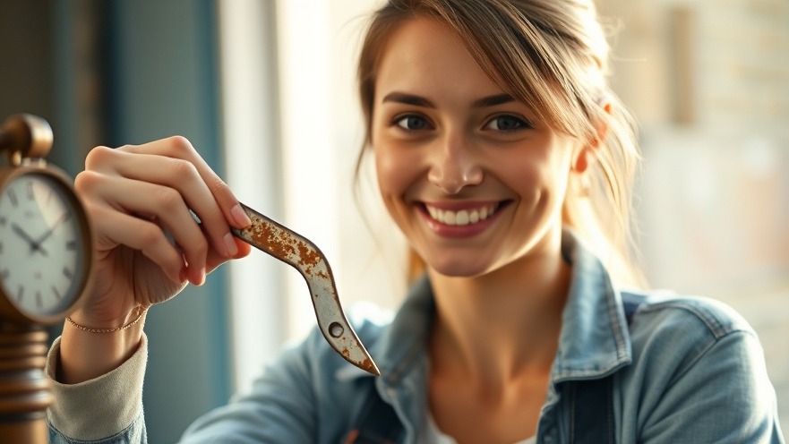 Woman happily inspecting a rust-free tool, showcasing natural rust removers.