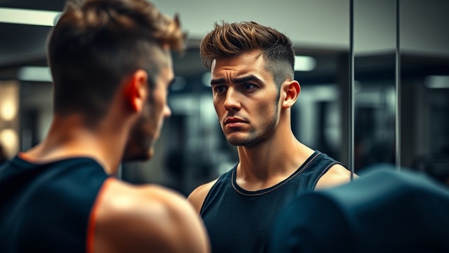 Confident young man in gym focusing on weightlifting form, showcasing determination.