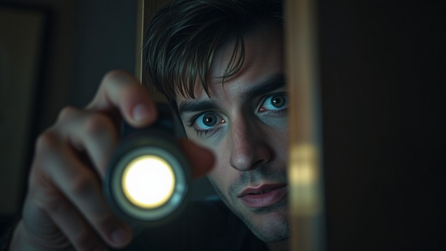 Person cautiously peering behind furniture with flashlight, exploring indoor bug prevention.