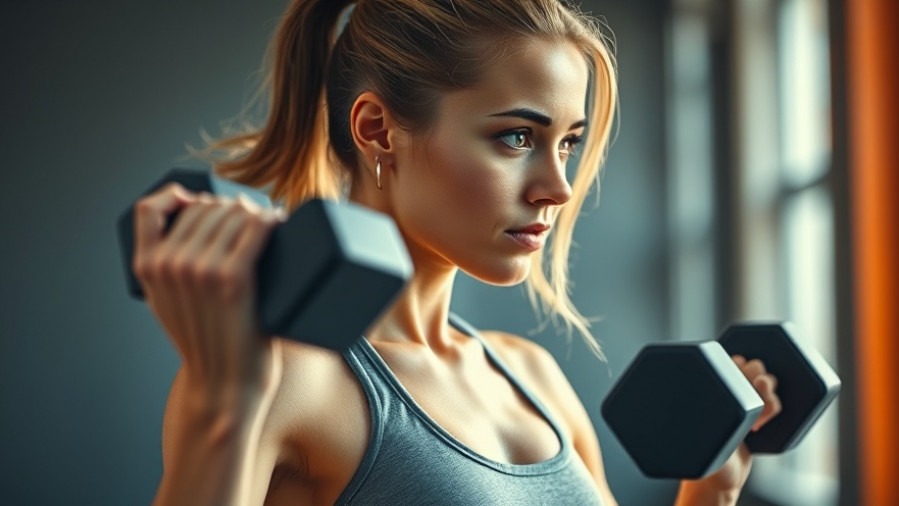 Athletic woman showcasing determination in an effective workout routine with dumbbells.