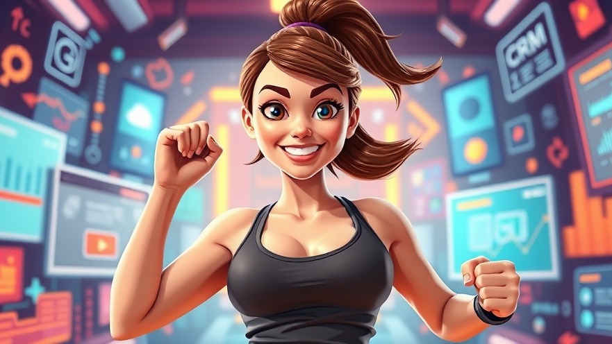 Energetic female trainer with vibrant CRM graphics, showcasing customer management software.
