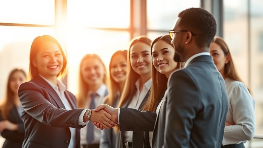 Diverse professionals shaking hands, symbolizing franchise growth and opportunities.