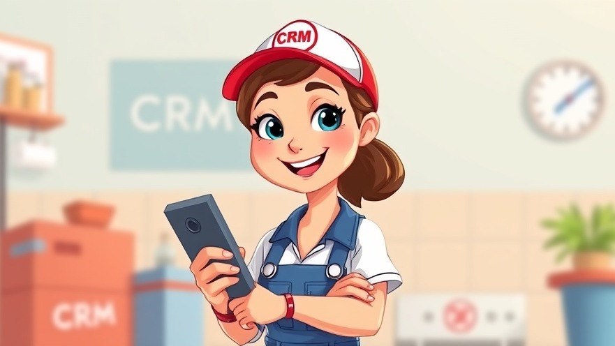 Vibrant cartoon of an animated female plumber with CRM tools.