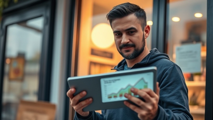 Confident shop owner analyzes local advertising strategies on a tablet.