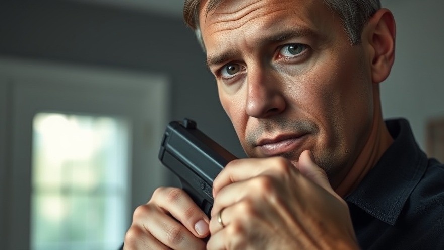 Adult demonstrating gun safety principles with holstered firearm indoors.