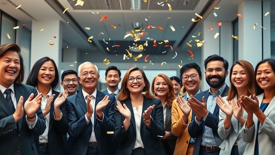 Celebrating Maintex anniversary; diverse employees radiate joy and pride indoors.