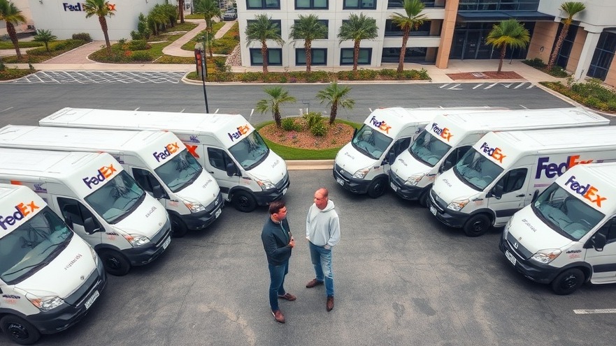 Aerial view of a commercial parking lot with FedEx vans and two men discussing.