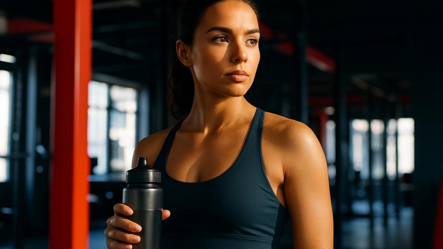 Confident gym-goer exudes fitness client motivation in a vibrant gym setting.