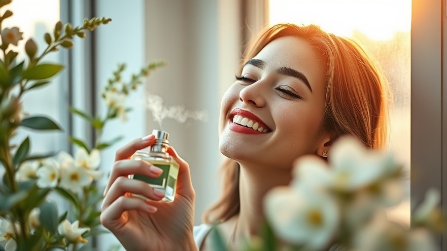 Joyful woman spritzing sustainable fragrance in serene botanical setting.