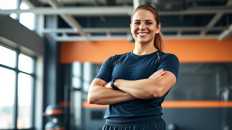 Confident fitness trainer showcases hiring top talent in a modern gym.