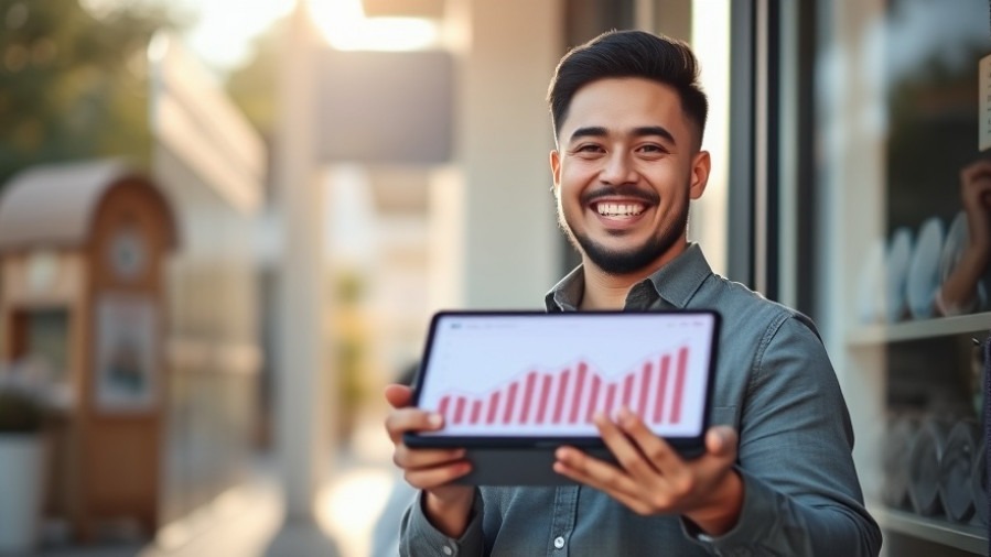 Smiling small business owner by storefront, showcasing Google My Business success.
