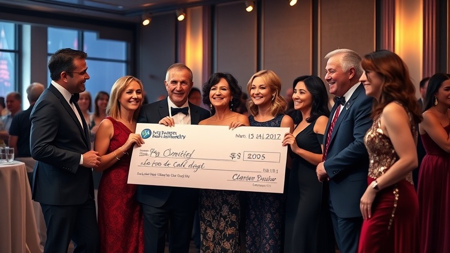 Elegant gala attendees celebrate fundraising for water access charities with a large donation check.