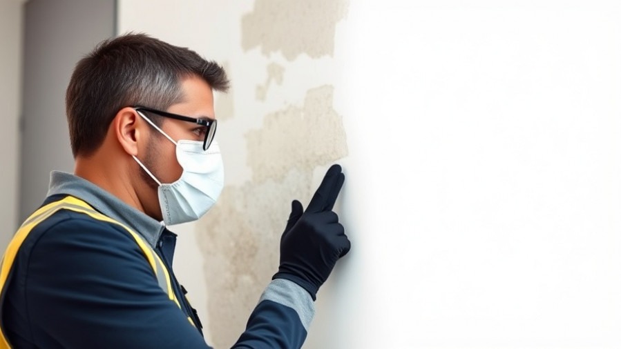 Confident property inspector examining wall for mold, ensuring public health and safety.