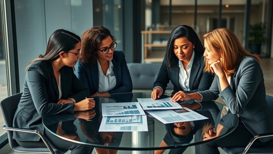 Diverse business professionals discuss AI challenges 2025 over data graphs.