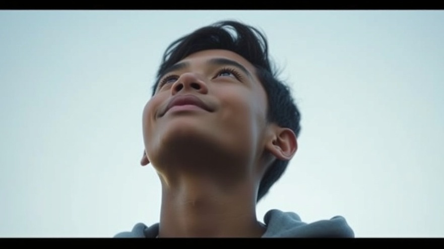 A hopeful young adult gazes upward in soft sunlight, embodying environmental innovations.