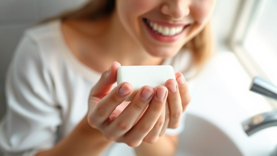 Surprised person holding bar soap, enjoying environmentally friendly cleaning.