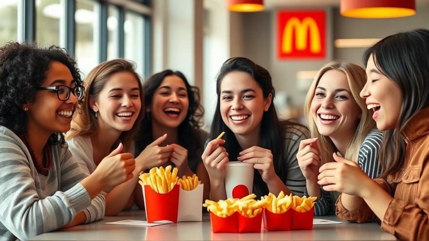 Diverse friends enjoying McDonald's, showcasing consumer engagement strategies in a vibrant setting.