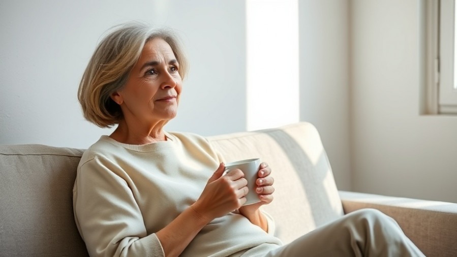 Thoughtful middle-aged woman embodying simplicity strategies, enjoying a peaceful moment.