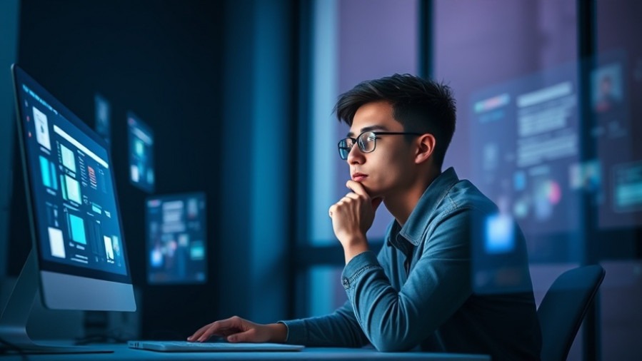 Thoughtful young digital marketer at a modern desk, innovating Web 2.0 strategy.