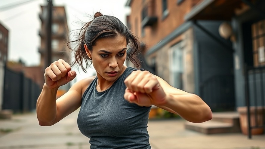 Empowered woman practicing self-defense techniques, highlighting self-defense laws in urban Joliet.