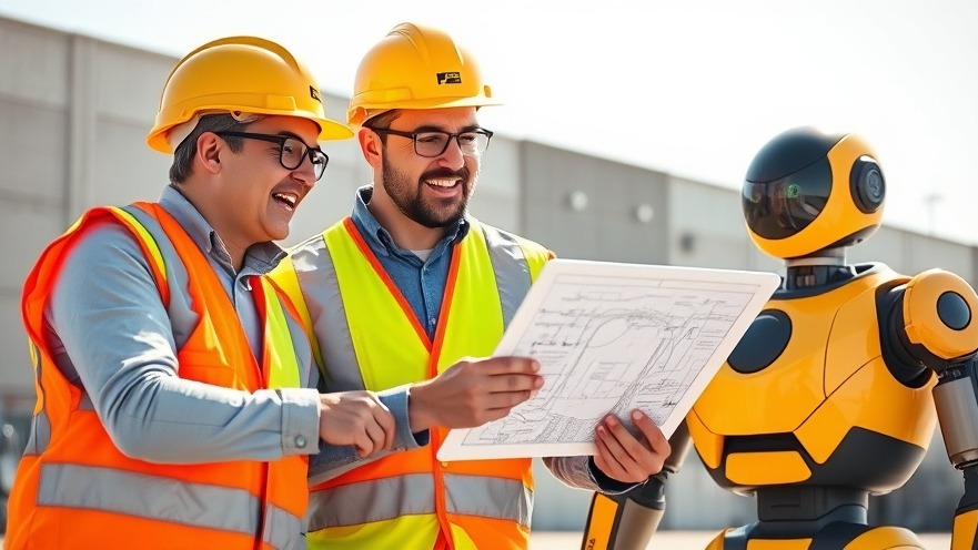 Engineers excitedly review blueprints for robotic technology in infrastructure.