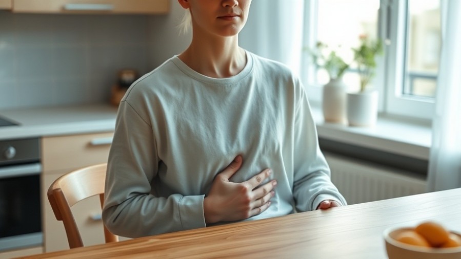 Serene person at kitchen table reflecting on gut health and mental wellness.