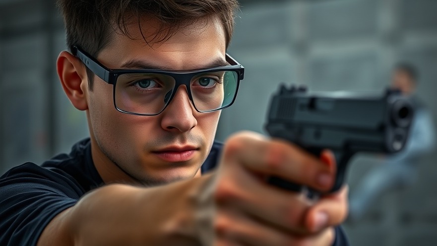 Confident trainee in safety goggles practicing firearm safety with an unloaded handgun.