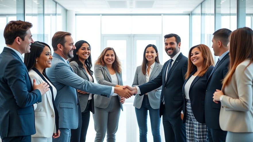Diverse professionals shaking hands in a bright office, showcasing networking in the commercial cleaning industry.