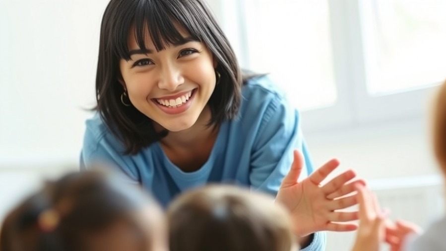 Happy woman encouraging kids, promoting self-esteem in kids with confidence.