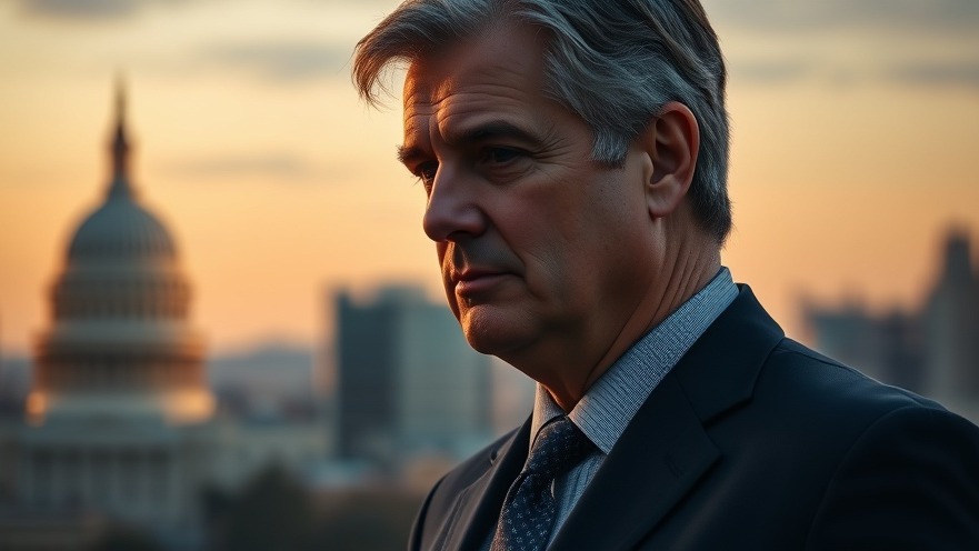 Contemplative businessman against a Washington skyline, reflecting on taxation equity.