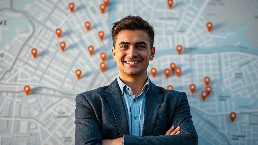 Confident young business owner with city map, illustrating Google Business Optimization.