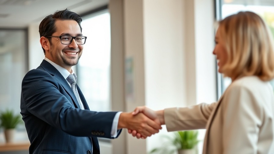 Smiling professional shaking hands with a client, embodying customer referrals and brand growth strategies.