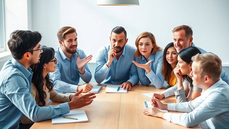 Surprised marketing team discussing marketing blunders in a bright, photorealistic setting.