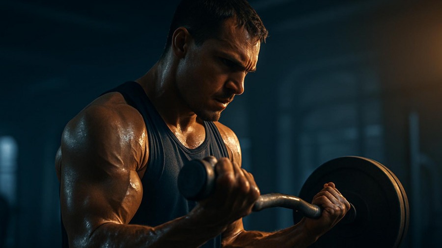 Focused athlete overcoming bodybuilding challenges in a gym setting.