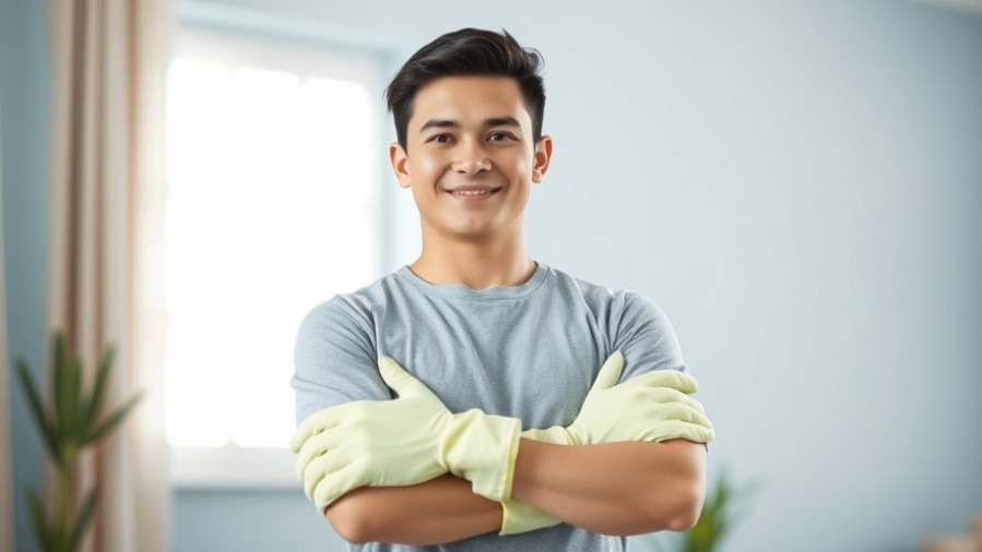 Confident entrepreneur smiling with cleaning gloves, highlighting small business startup spirit.