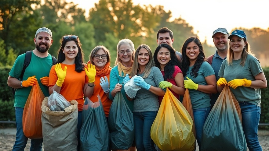 Cheerful volunteers promoting community engagement and litter prevention at sunset.
