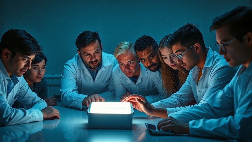 Diverse engineers exploring a glowing battery prototype for electric vehicle range.