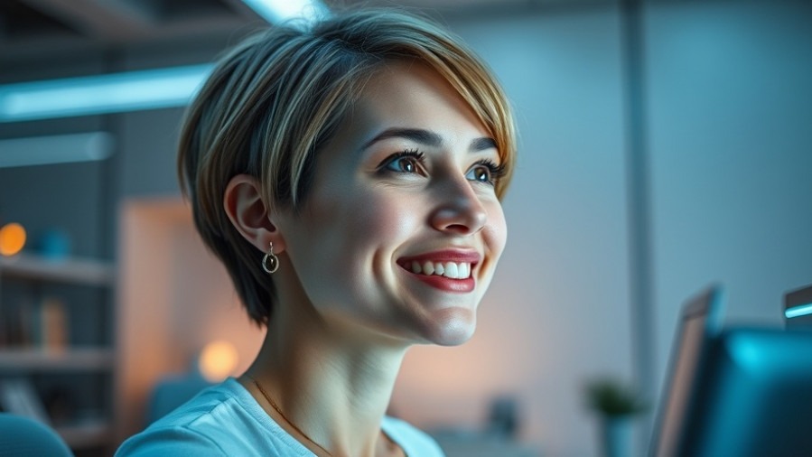 Inspiring young female innovator in a futuristic office, highlighting emerging trends in technology.