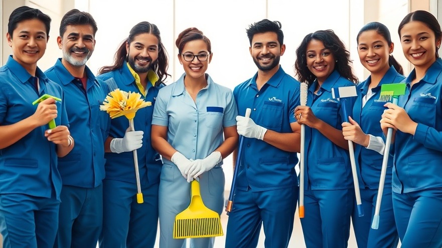 Diverse cleaning crew showcasing teamwork in fresh, modern setting for commercial cleaning services.