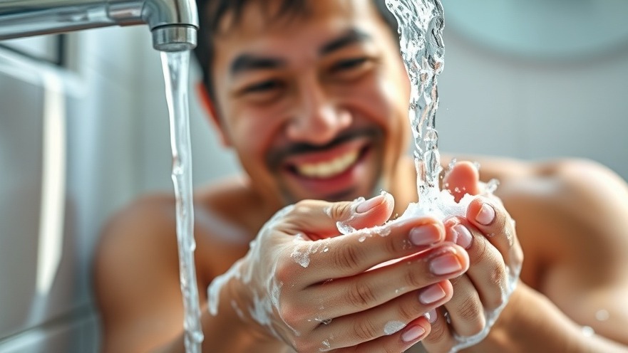 Smiling adult practicing hand hygiene while washing hands, promoting flu prevention.