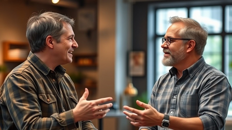 Two men discuss marketing strategies for brand recognition in a warm studio.