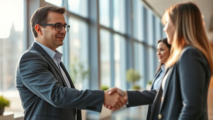 New executive success: confident leader shakes hands in modern office lobby.