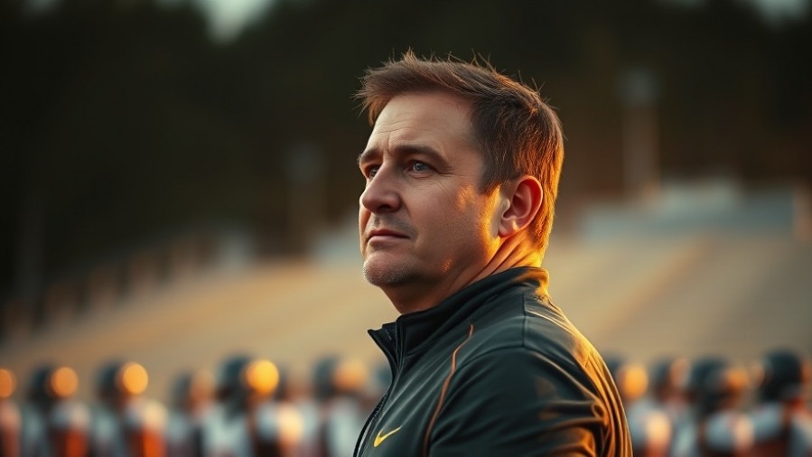 Confident BYU football coach Jason McGowan inspires athletes at golden-hour stadium.