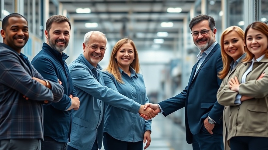 Diverse technical services experts shaking hands in a semiconductor facility.